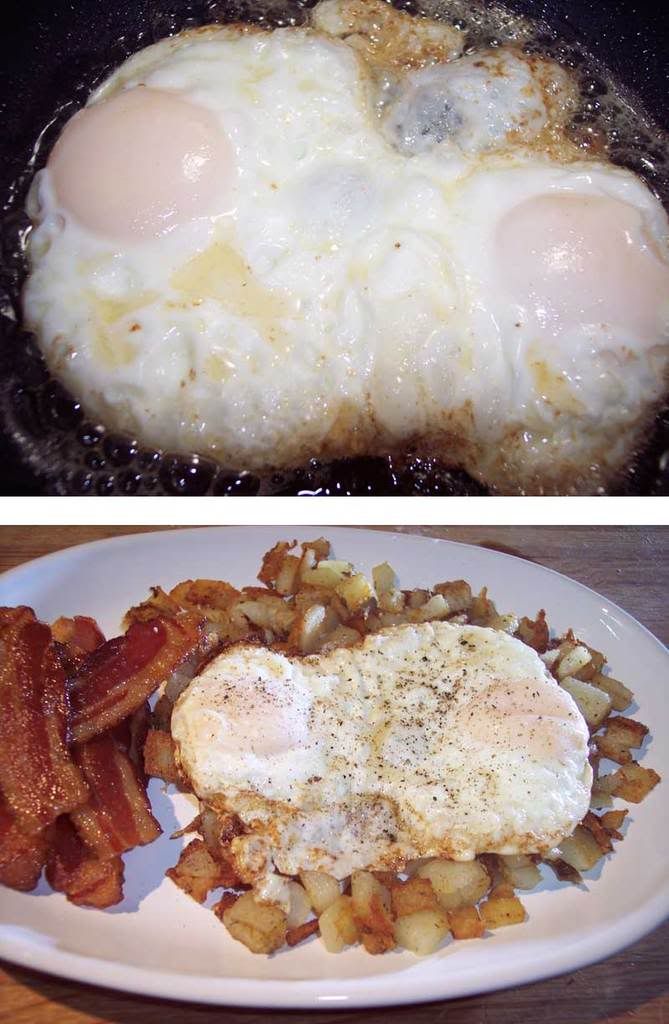 things wot i made then ate: breakfast, bacon, eggs, hash browns